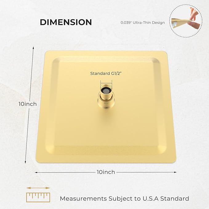 10 Inch Rain Shower Head, Square Rainfall & High Pressure, 304 Stainless Steel, 1/16" Ultra Thin, Waterfall Full Body Coverage with Silicone Nozzle, Brushed Gold