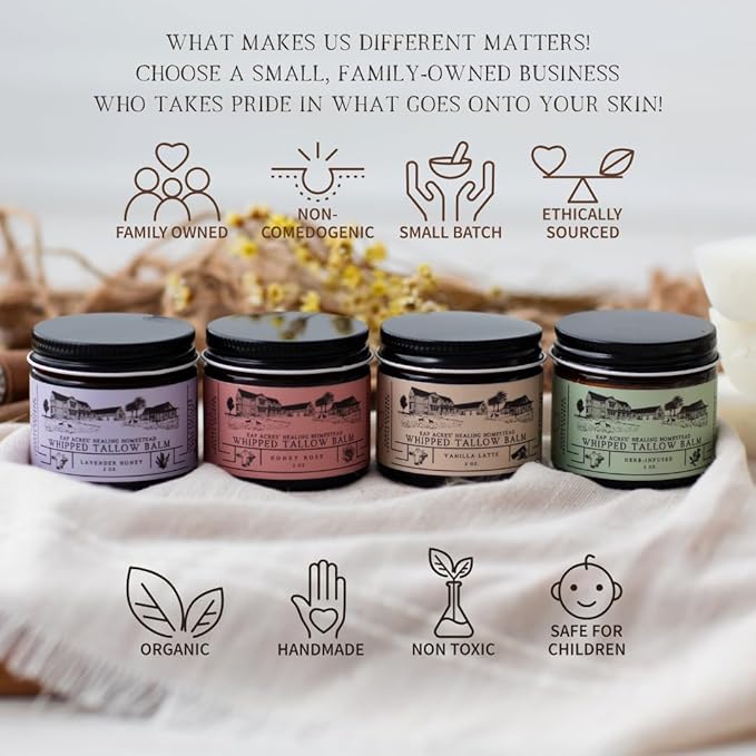Rose-infused 100% Grass-Fed Whipped Tallow Balm-Organic Jojoba Oil, Rosehip Oil, Face and Body Moisturizer for Dry, Sensitive Skin, Eczema (ROSE-INFUSED)