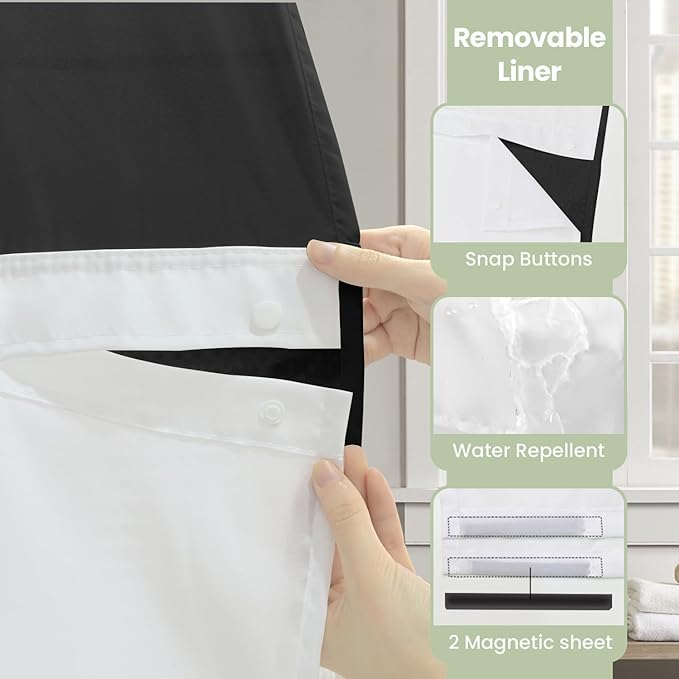 Inhousolu Stall No Hook Shower Curtain with Snap in Fabric Liner Set Waffle Weave 230GSM Weighted Hem, Waterproof & Washable Bathroom Curtain Spa Luxury with Mesh Top Window 36" W x 72" L Black