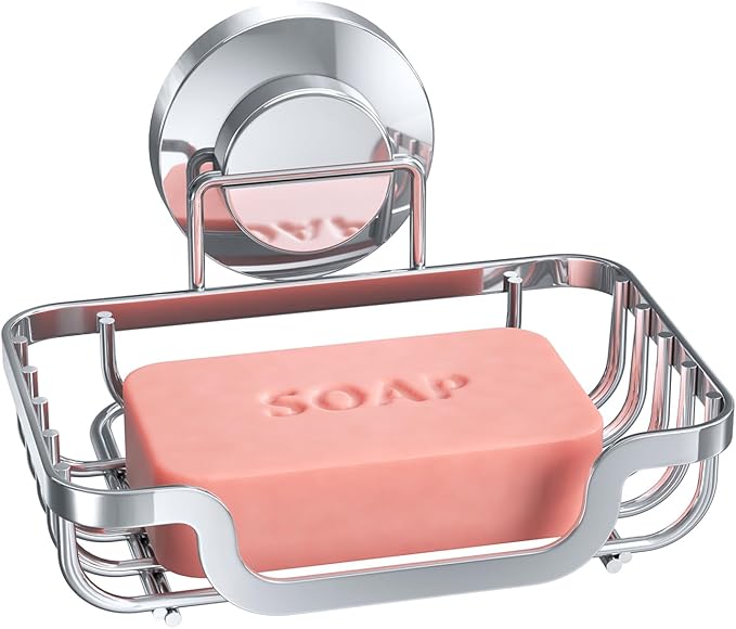 TAILI Soap Holder Bar Dish Suction Cup, Bar Shampoo Rack for Shower Wall, Draining Soap Saver Tray for Bathroom, Rustproof Stainless Steel Sponge Holder for Tub, Kitchen, Drill-Free, Silver
