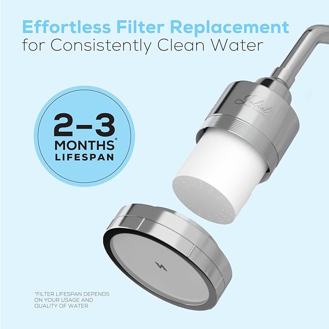 THE JULIET FILTERED SHOWER HEAD - Luxury High Pressure Shower Head with Filters - Removes Impurities for Healthier Hair and Skin - Reduces Hair Breakage, Skin Dryness & Irritation (Polished Chrome)