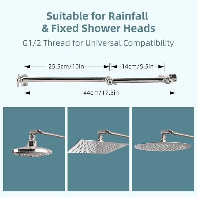 iFealClear All Metal 16" Shower Head Extension Arm, Solid Brass Shower Head Extender Adjustable Height Angle, G1/2 Universal Connection Stainless Steel Rain Showerhead Pipe, Lock Joint, Brushed Nickel