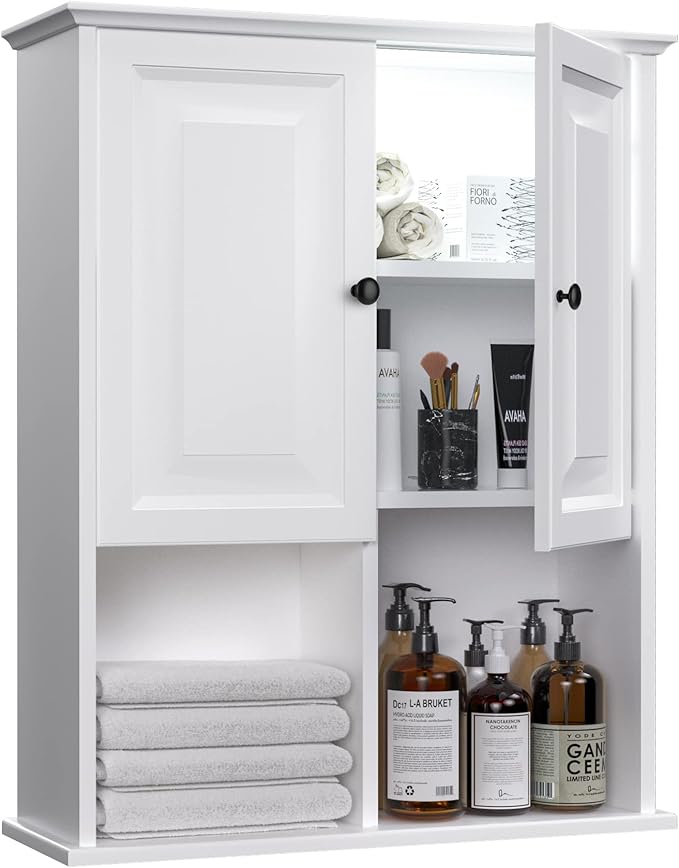 HAIOOU Bathroom Wall Cabinet with Motion Sensor LED Light, Wooden Medicine Cabinet Wall Mounted Cupboard, Over Toilet Storage Cabinet with Buffering Hinges and Adjustable Shelf - Modern White