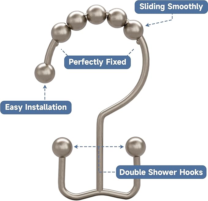 Titanker Shower Curtain Hooks Rings, Rust-Resistant Metal Double Glide Shower Hooks for Bathroom Shower Rods Curtains, Set of 12 Hooks - Matte Nickel