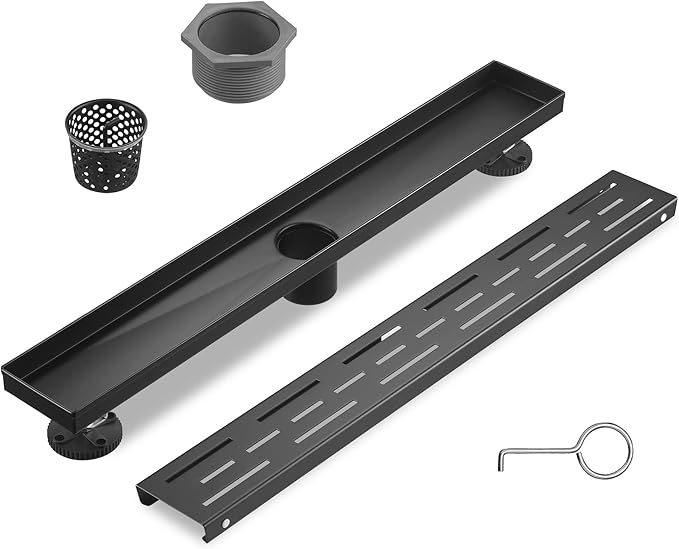 Sharp-tec Linear Shower Drain, 36 inch Shower Drain with Removable Pattern Cover, Matte Black 304 Stainless Steel Rectangle Floor Drain, Adjustable Feet and Hair Strainer Included (Model 101)
