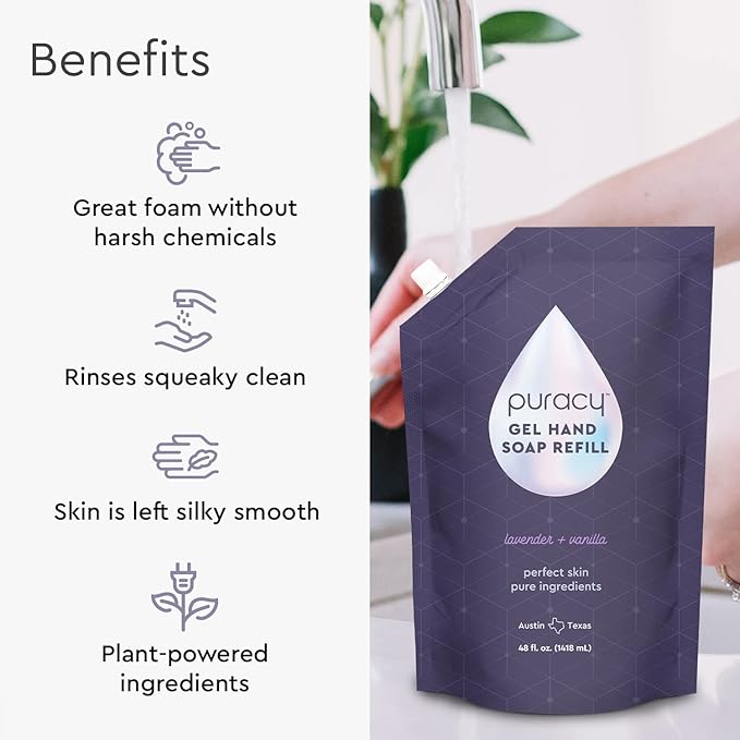 Puracy Organic Hand Soap, Professional Hand Washers We've All Become, Moisturizing Natural Gel Hand Wash Soap, Liquid Hand Soap Refills for Soft Skin (Refill Lavender & Vanilla, 48 Ounce)