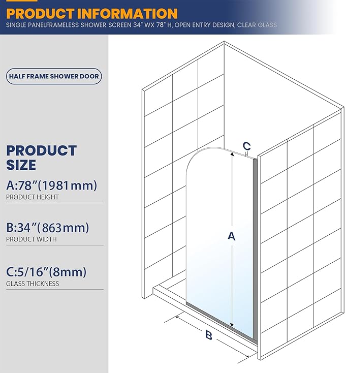 Glass Shower Panel, 34" W x 78" H Semi-Framed Fixed Shower Glass Panel in Matte Black with 5/16"(8mm) Clear Tempered Glass Door, Simple Shower Door Panel for Bathroom