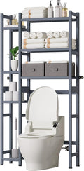 Homde Over The Toilet Storage with Basket and Drawer, Bamboo Bathroom Organizer with Adjustable Shelf & Waterproof Feet Pad, Space Saver Rack for Restroom, Laundry,Grey