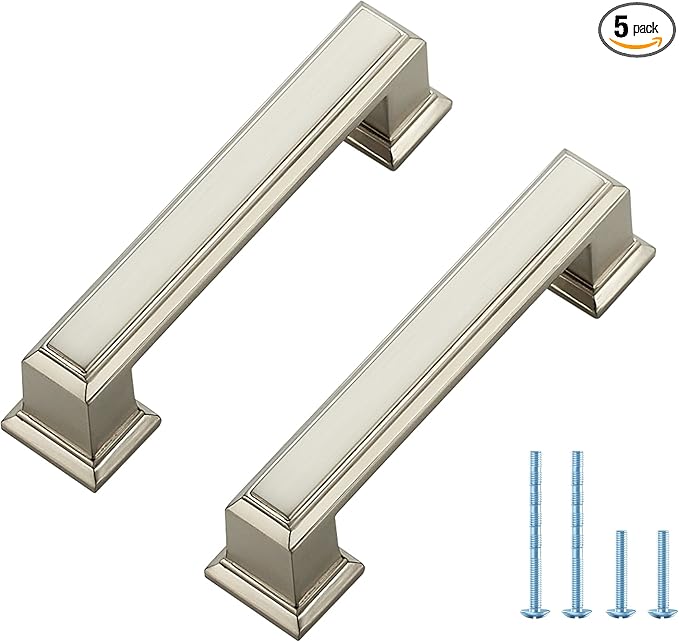 Ravinte Hardware 5 Pack Brushed Nickel Cabinet Pulls, 3 Inch (76mm) Hole Center Zinc Alloy Drawer Handles for Kitchen Cabinets, Cupboards, Dressers, Square Solid Metal Hardware