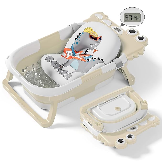 Collapsible Baby Bathtub for Newborn, Foldable Baby Bath Tub with Thermometer & Soft Floating Cushion & Drain Hole, Portable Travel Infant Bath Tubs for Newborns to Toddlers 0-36 Months Boys, Beige
