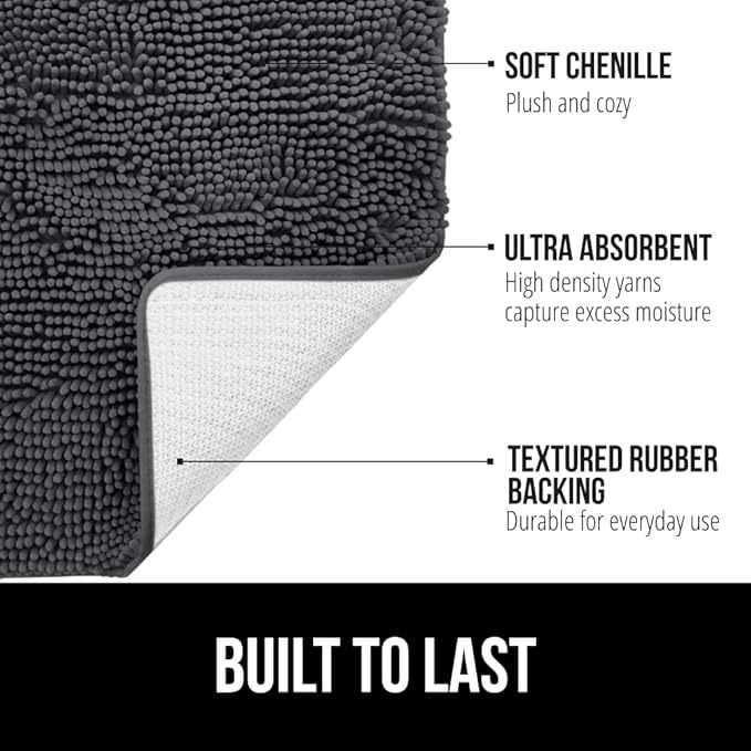 GORILLA GRIP Bath Rug Mat, Soft Absorbent Chenille, Quick Dry Microfiber Mats, Rubber Backing Washable Shower Floor Rugs, Bathmat Runner, US Designed Bathroom Home Decor Accessories 24x17, Charcoal