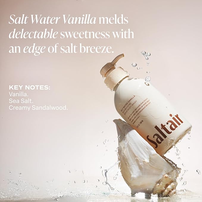 Saltair Body Wash, Salt Water Vanilla 2-Pack. Moisturizing Body Cleanser with Monoi Oil and Cupuacu Butter. Luxury Shower Gel for Women and Men. Vegan, Cruelty-Free, Paraben-Free. 2x 17oz Pump Bottles