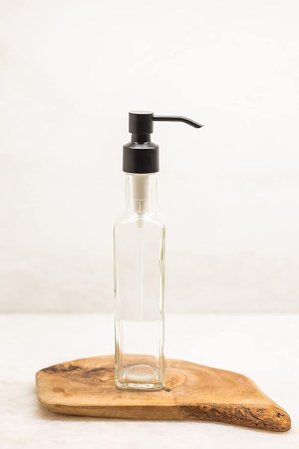 Rail19 French Vessel Glass Soap Dispenser with Metal Pump - Refillable Hand Soap, Lotion & Sanitizer for Sinks and Small Countertops, 8.5oz (Cali Black)