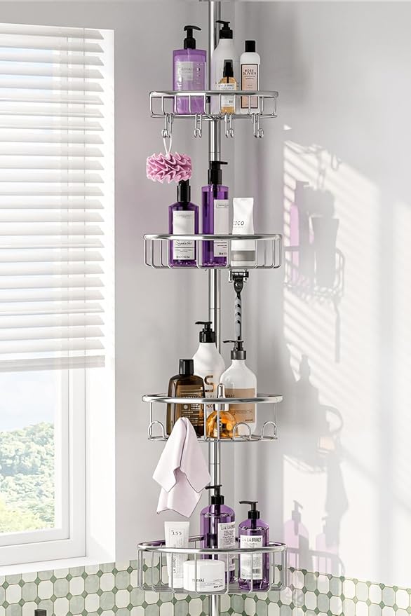 Corner Shower Caddy Tension Pole: Stainless Steel Rustproof 4-Tier Shower Organizer - 47-121 inch Adjustable Bathroom Shelves for Bathtub Shampoo Storage - Tension Rod Floor Standing Bath Rack -Silver