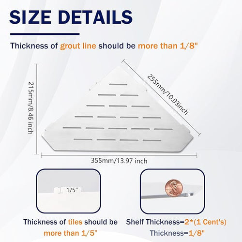 10" Corner Shower Shelf 2 Pcs Brushed 304 Stainless Steel Diamond Heavy Duty Floating Corner Shelves Slot Design Recessed Bathroom Shower Shelf for 90° Tiled Wall, No Drilling Needed