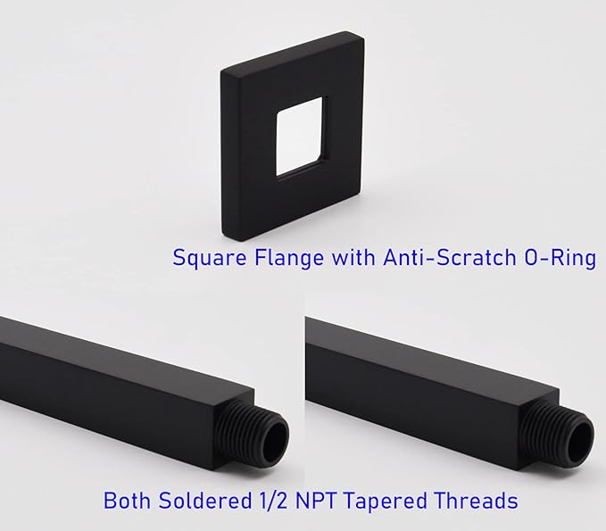 Aquaiaw Shower Arm and Anti-Scratch O-Ring Flange, Solid Brass, Both Soldered 1/2 NPT Tapered Threads, 12 inch Ceiling Mount Straight Rainfall Shower Head Arm Extension (Matte Black, Square)