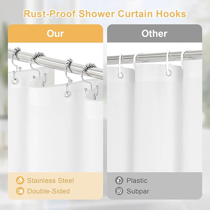 3 in 1 Shower Curtain Set, Grey Waffle Shower Curtain and PEVA Liner Set with 12 Stainless Steel Shower Curtain Hooks, Gray Waterproof Fabric Shower Curtains for Bathroom, 72 W x 72 H
