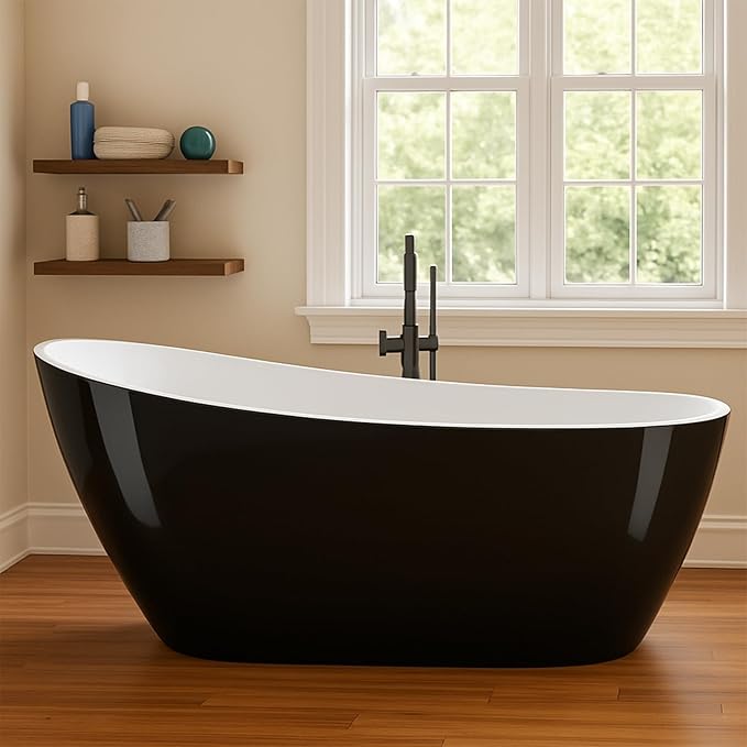 67 in Acrylic Freestanding Bathtub, Contemporary Stand Alone Tub,Black Soaking Tub, with Chrome Overflow and Drain, CUPC Certified