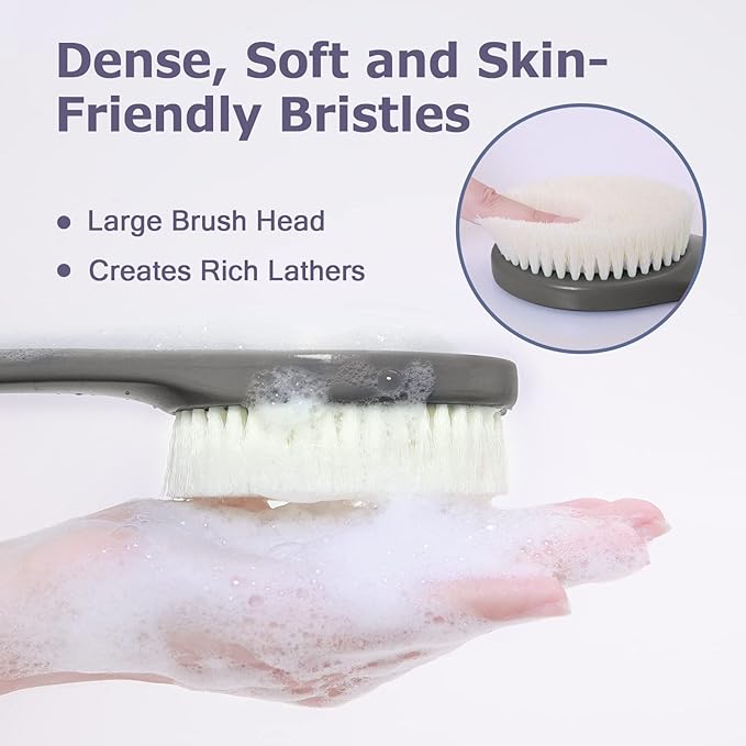 Body Back Scrubber – 17'' Long Handle Shower Brush, Durable Exfoliator for Dry & Wet Use, Deep Cleansing & Gentle Exfoliation for Smooth Skin – for Men, Women & Elderly (Gray)