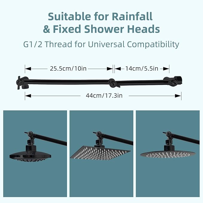iFealClear All Metal 16" Shower Head Extension Arm, Solid Brass Shower Head Extender Adjustable Height Angle, G1/2 Universal Connection Stainless Steel Rain Showerhead Pipe with Lock Joint, MatteBlack