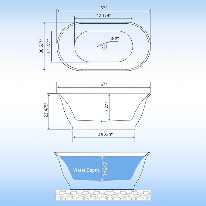 Freestanding Bathtub, 67 Inch Acrylic Soaking Tub, Elliptical Design with Chrome Drain & Overflow, White Finish for Contemporary Bathrooms