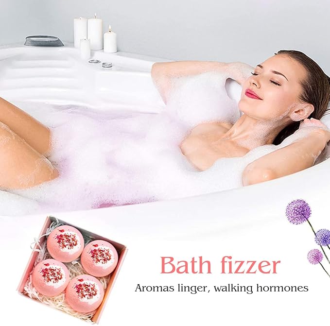 Dried Flower Bath Bombs Salt Balls,4-Pack Gift Set,Rose Extract Essential Oils,Moisturizing Dry Skin,Fizzy Spa,Relaxation,Self Care,Relaxing,Bubble Bath Bomb Gifts Idea for Men Women
