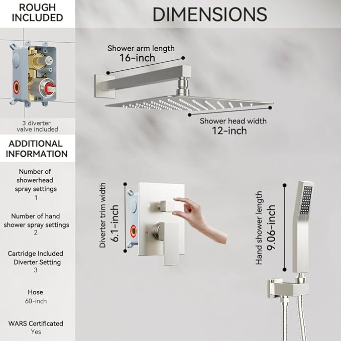 Rain Shower System Brushed Nickel, Starbath 12“ Rainfall Shower Head with Handheld Spray Complete Wall Mounted Rainfall Shower Faucet Set,2 Way Pressure Balance Shower Valve and Trim Kit Included