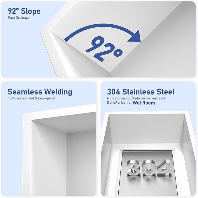 Stainless Steel Shower Niche 20" X 12" White No Tile Needed Niche Shower for Bathroom Storage Recessed Wall Shelf Over Mount Installation