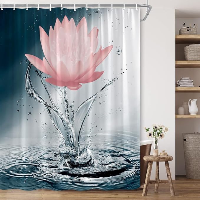 Lotus Shower Curtain Black White Blue Red Flower Elegant Blooming Floral with Dew Spring Flower Reflection on Water Modern Romantic Polyester Fabric Bathroom Decor 70×96 Inch with Hook