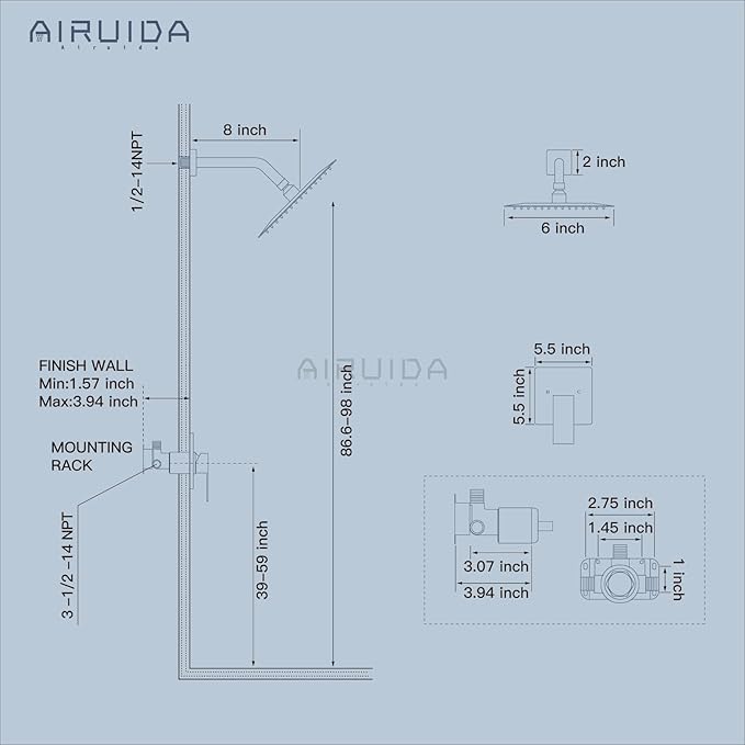 Airuida Shower Faucet Set Bathroom Rain Shower System SUS304 Stainless Steel Single Handle With Male Threads Rough-in Valve Shower Trim Kit 6 Inch Wall Mount Shower Head Brushed Nickel