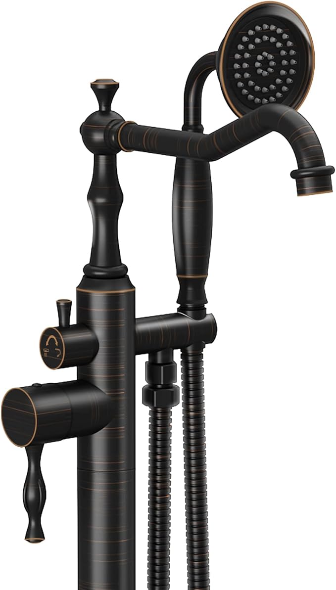 Oil Rubbed Bronze Standing Bathtub Faucet Freestanding Tub Filler High Pressure Single Handle Bathtub Filler Floor Mounted Brass Bathroom Stand Tub Faucets with Handheld Shower