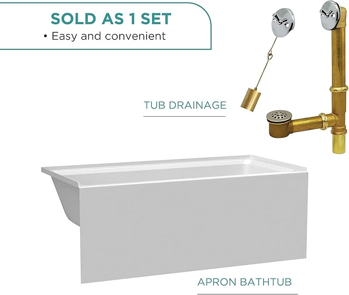 Fine Fixtures Acrylic, Fiberglass Alcove Soaking Bathtub with Integral Apron Front - Drain Included (60" x 36", Left Hand, White)