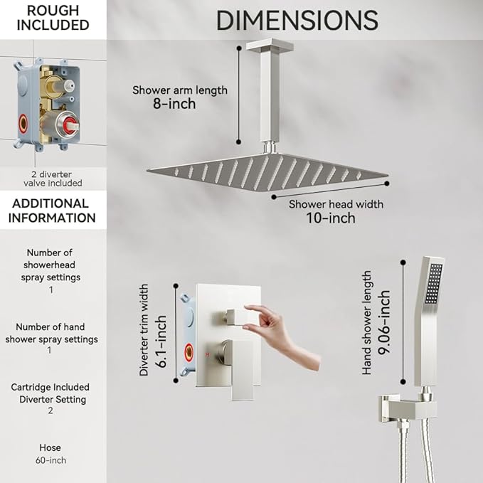 Shower Faucet Set Brushed Nickel Shower System, Starbath 10 Inch Rain Shower Head and Handheld Spray Shower Set Complete Ceiling Mounted,2 Way Pressure Balance Shower Valve and Trim Kit Included