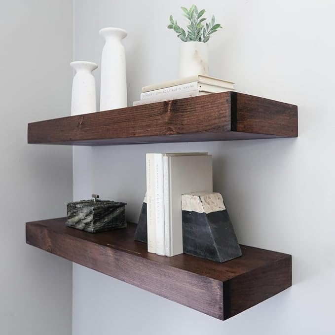 Urbandi Modern Floating Shelves 3 Inches Thick for Wall, Wide Shelves for Kitchen, Living Room, Bedroom, and Bathroom, Natural Pine Wood, Rustic Wooden Shelf, (Set of 2) (Provincial, 24Lx3Hx6D)