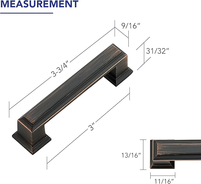 Ravinte Hardware 10 Pack Oil Rubbed Bronze Cabinet Pulls, 3 Inch (76mm) Hole Center Zinc Alloy Drawer Handles for Kitchen Cabinets, Cupboards, Dressers, Square Solid Metal Hardware