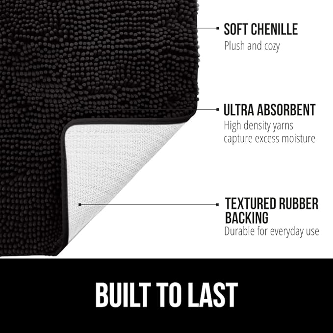 GORILLA GRIP Bath Rug Mat 30x20, Thick Soft Absorbent Chenille, Quick Dry Microfiber Mats, Rubber Backing Washable Shower Floor Rugs, Bathmat Runner, US Designed Bathroom Home Decor Accessories Black