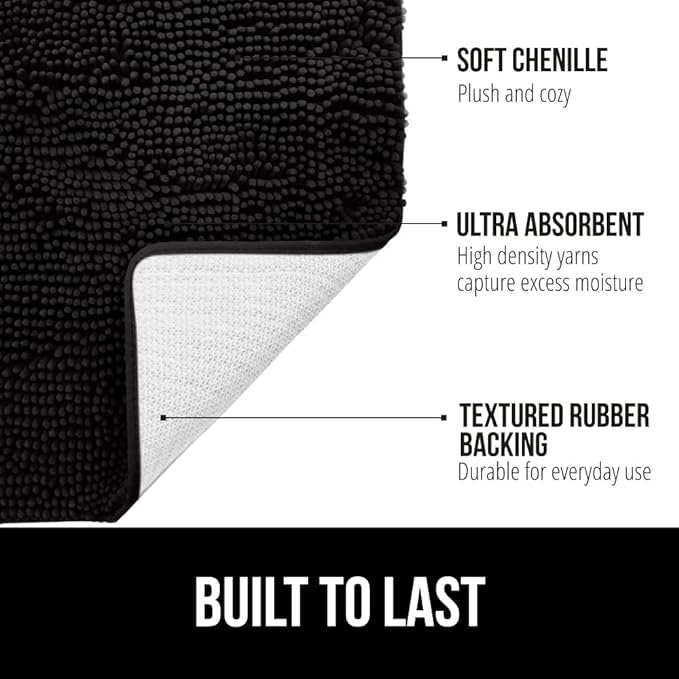 GORILLA GRIP Bath Rug Mat 48x17, Thick Soft Absorbent Chenille, Quick Dry Microfiber Mats, Rubber Backing Washable Shower Floor Rugs, Bathmat Runner, US Designed Bathroom Home Decor Accessories Black