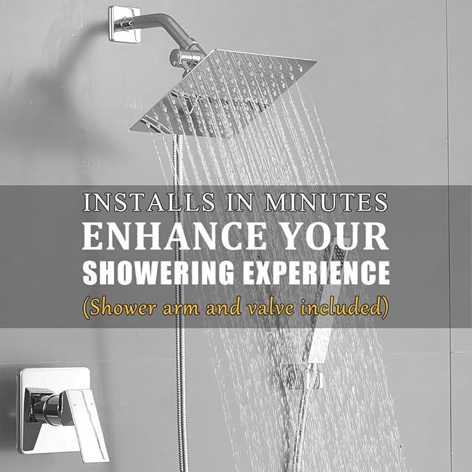 8 Inch Rainfall Shower Head and Handheld Spray Combo with 3-Way Diverter and Touch-Clean Nozzles, Rough-in Valve Body and Trim Included, Polished Chrome