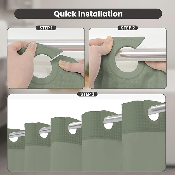 Inhousolu Stall No Hook Shower Curtain with Snap in Fabric Liner Set Waffle Weave 230GSM Weighted Hem, Waterproof & Washable Bathroom Curtain Spa Luxury with Mesh Top Window 60" W x 72" L Sage Green