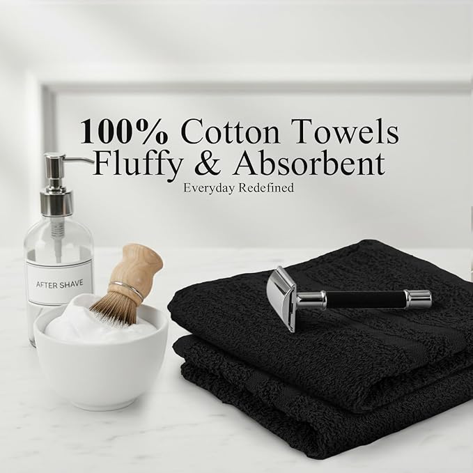 24 Pack Black Hand Towels 100% Cotton Spa Towels – 16x27 inches Highly Absorbable Facial, Gym, Hair, Face, Bulk Small Towels (Not Bleach Proof)