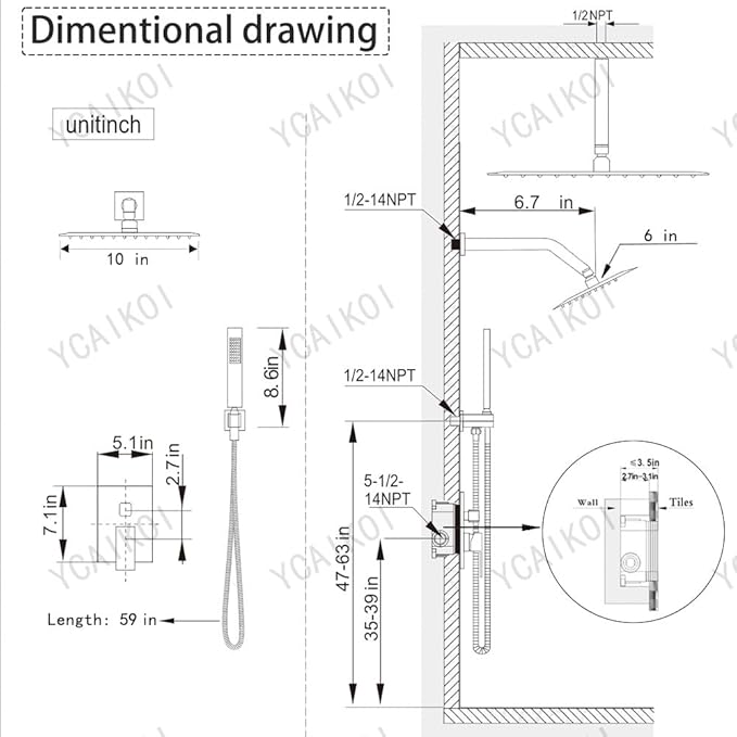 Shower Faucet Set Polished Chrome Shower System, Knob Switch Diverter Shower Faucet with High Pressure Handheld Spray, Ceiling Mount 10 Inch Shower Head with 6 Inch Wall Mount Shower Head