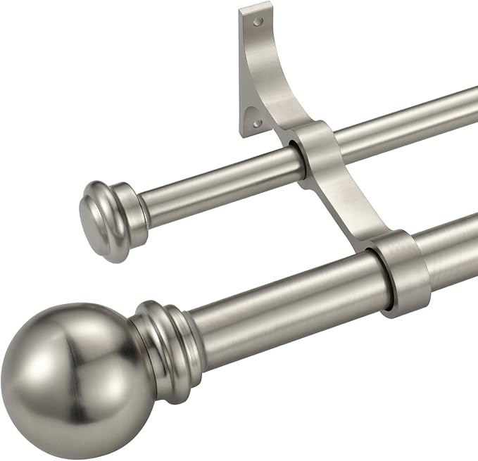Double Curtain Rod 28 to 48 inch, Adjustable 1 inch Double Drapery Rod Rods for Windows and Doors with Ball Round Finials and Premium Aluminum Brackets Set (28-48",Brushed Nickel)