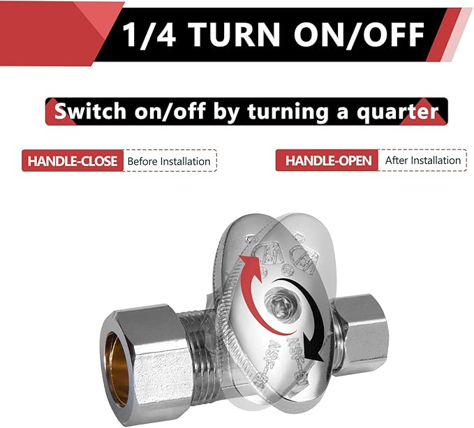 10-Pack EFIELD Straight Stop Valve 1/2" Nominal (5/8" OD) Compression x 3/8" OD, 1/4-Turn, Chrome Plated Brass,(VALVE122)