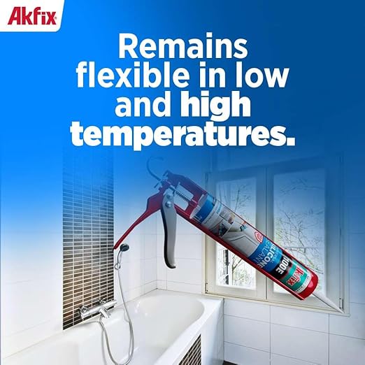 Akfix 100E RTV Silicone Caulk Clear (24x10.1 fl.oz.) - 100% Silicone Sealant Waterproof for Kitchen and Bathroom, Shower, Toilet, Sink, Window and Door, No Discoloring | Clear, 24 Pack