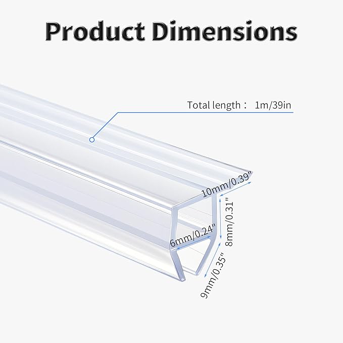 Shower Door Side Seal Strip,39 Inch Corner-Type Frameless Shower Door Seal, Corner-Type Shower Door Sweep for 1/4"(6mm) Thick Glass