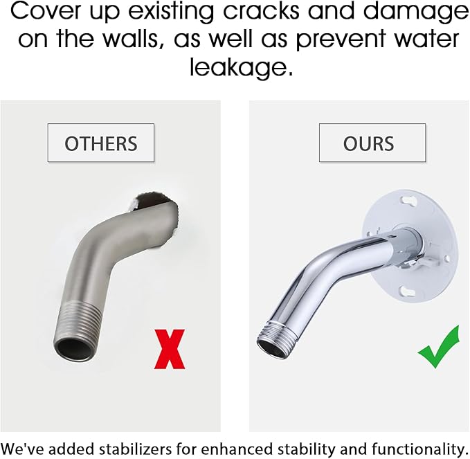 6 Inch Shower Arm with Flange and Stabilizer Bracket, Wall Mounted Shower Pipe Arm 304 Stainless Steel For Fixed Shower Head & Handheld Showerhead, Chrome