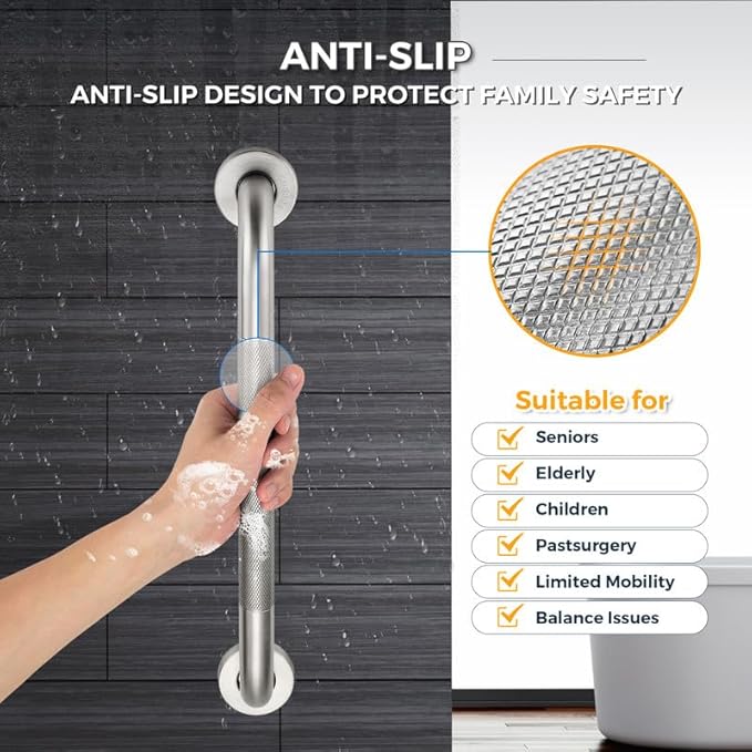 Grab Bars for Shower, 1 Pack 18-Inch Anti Slip Shower Handles for Elderly, Safety Shower Grab Bar, Stainless Steel Handicap Grab Bars for Bathroom,Toilet (Brushed Nickel, 1" Diameter)