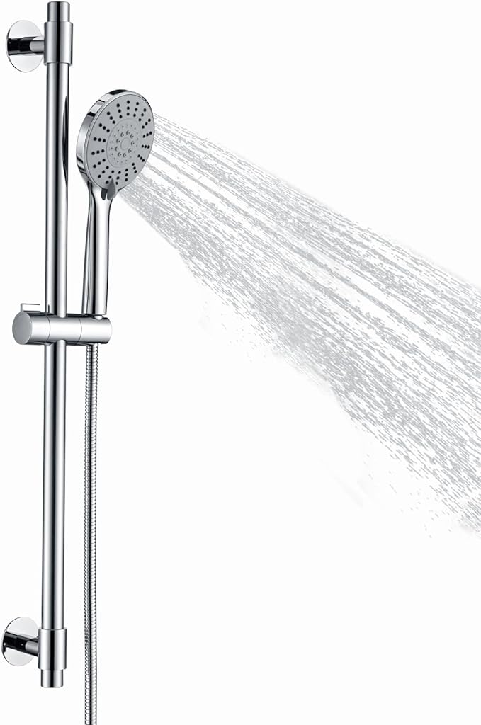 Adjustable Shower Slide Bar with 5-Function Handheld Shower Head, Stainless Steel Drill-free Mounted Slide Bar Combo with Extra Hose (Chrome)