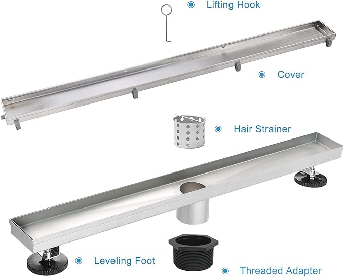 Linear Shower Drain, 40 inch Drain with Tile Insert 2-in-1 Panel, Brushed 304 Stainless Steel Shower Floor Drain, Linear Drain with Hair Strainer and Adjustable Feet