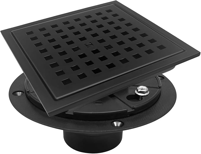 6 Inch Square Shower Drain with Flange, Removeable Grate SUS 304 Stainless Steel Shower Drain with Hair Catcher (Matte Black, 6 Inch)
